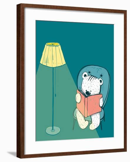 Cartoon Baby Bear Reading a Book. Hand Drawn Childish Bear Reading. Vector Illustration.-Popmarleo-Framed Art Print