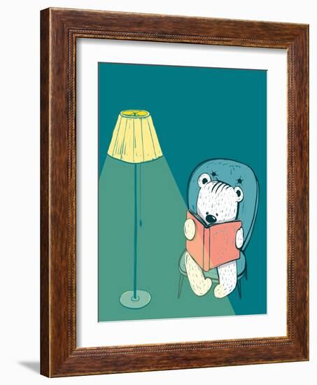 Cartoon Baby Bear Reading a Book. Hand Drawn Childish Bear Reading. Vector Illustration.-Popmarleo-Framed Art Print