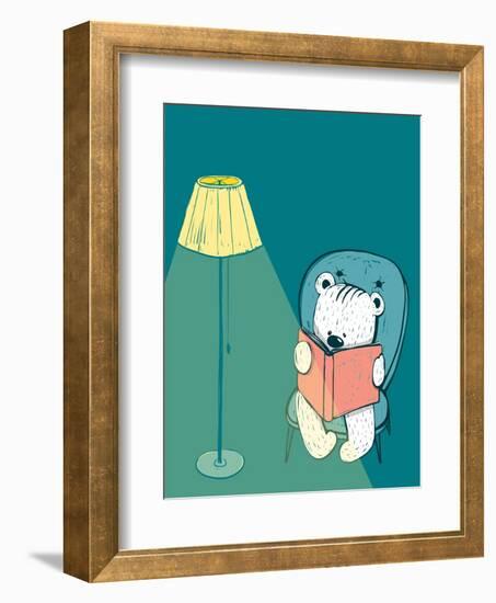 Cartoon Baby Bear Reading a Book. Hand Drawn Childish Bear Reading. Vector Illustration.-Popmarleo-Framed Art Print