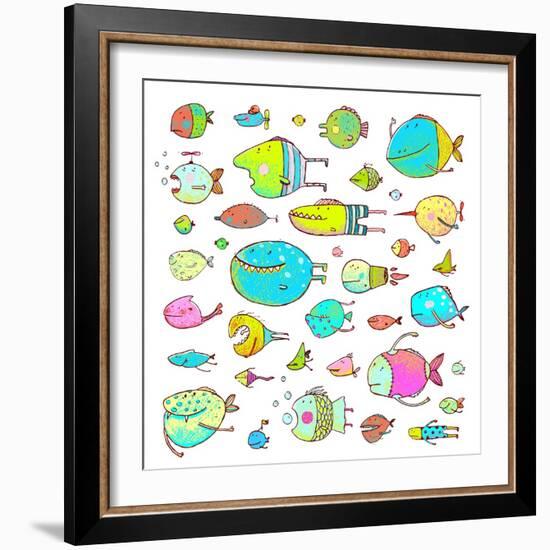 Cartoon Bizarre Fish Collection for Kids Hand Drawn. Fun Cartoon Hand Drawn Queer Fish for Children-Popmarleo-Framed Art Print