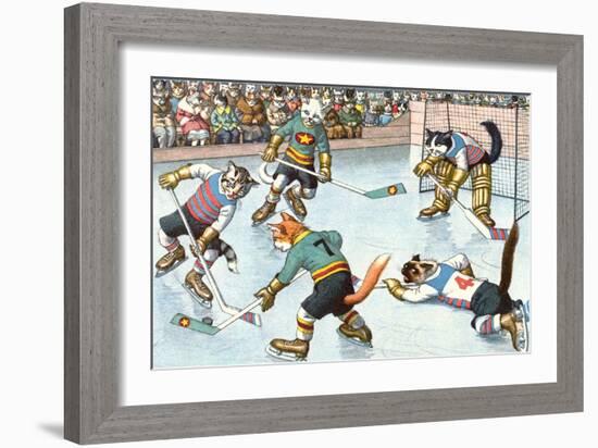 Cartoon Cats Playing Ice Hockey-null-Framed Art Print