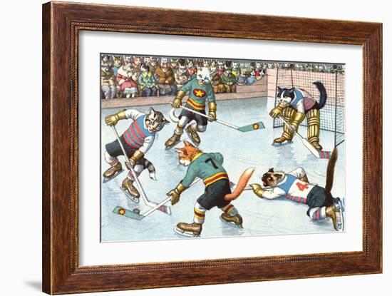 Cartoon Cats Playing Ice Hockey-null-Framed Art Print