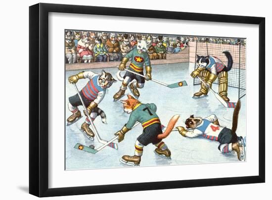 Cartoon Cats Playing Ice Hockey-null-Framed Art Print