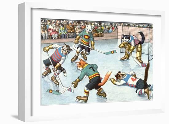 Cartoon Cats Playing Ice Hockey-null-Framed Art Print