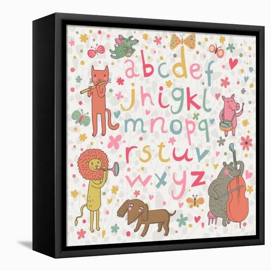Cartoon Childish Alphabet with Animals in Funny Style. Funny Cartoon Illustration in Vector with Al-smilewithjul-Framed Stretched Canvas