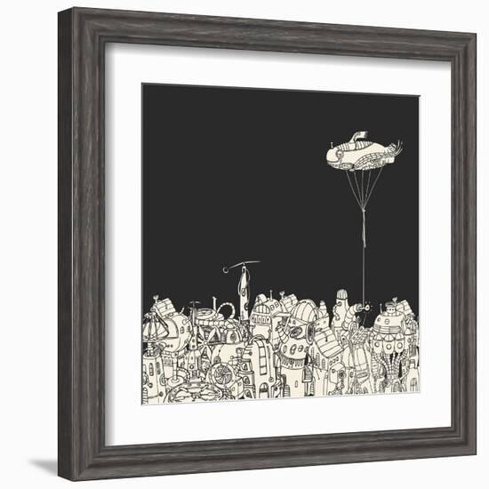 Cartoon City with Fish Eye Zeppelin-RYGER-Framed Art Print