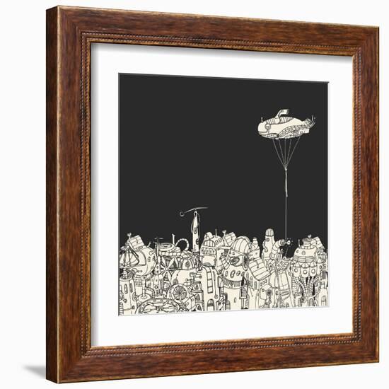 Cartoon City with Fish Eye Zeppelin-RYGER-Framed Art Print