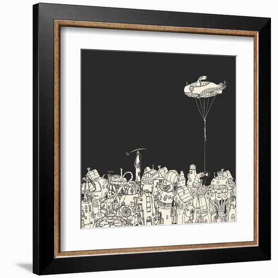 Cartoon City with Fish Eye Zeppelin-RYGER-Framed Art Print