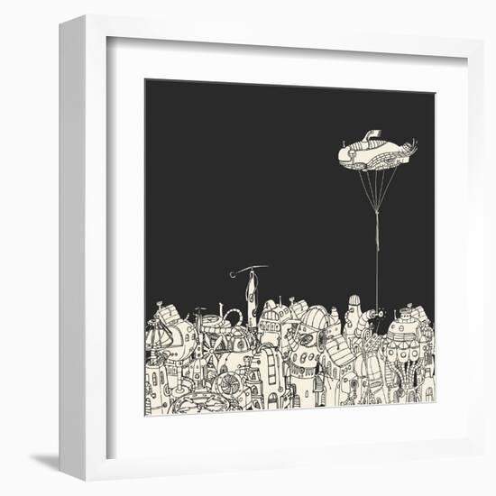 Cartoon City with Fish Eye Zeppelin-RYGER-Framed Art Print