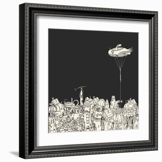 Cartoon City with Fish Eye Zeppelin-RYGER-Framed Art Print