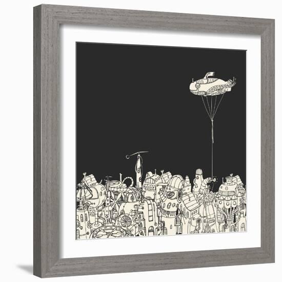 Cartoon City with Fish Eye Zeppelin-RYGER-Framed Art Print