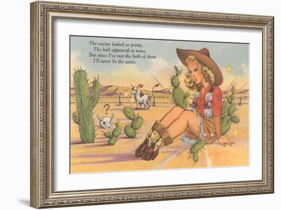 Cartoon Cowgirl on Cactus-null-Framed Art Print