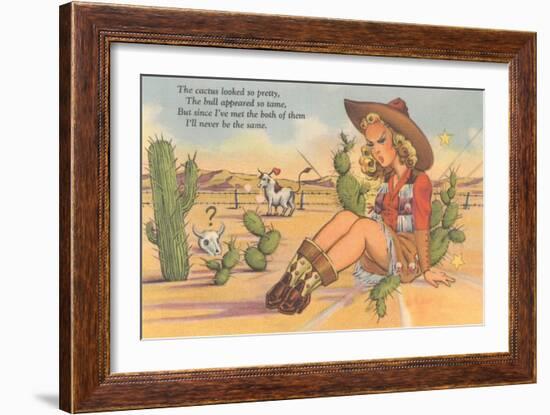 Cartoon Cowgirl on Cactus-null-Framed Art Print