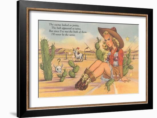 Cartoon Cowgirl on Cactus-null-Framed Art Print