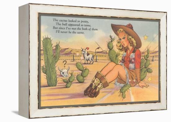 Cartoon Cowgirl on Cactus-null-Framed Stretched Canvas