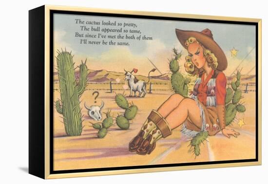 Cartoon Cowgirl on Cactus-null-Framed Stretched Canvas