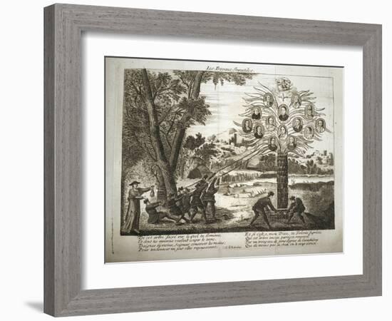 Cartoon depicting Jesuits trying to pull down the Tree of Jansenism,-French School-Framed Giclee Print