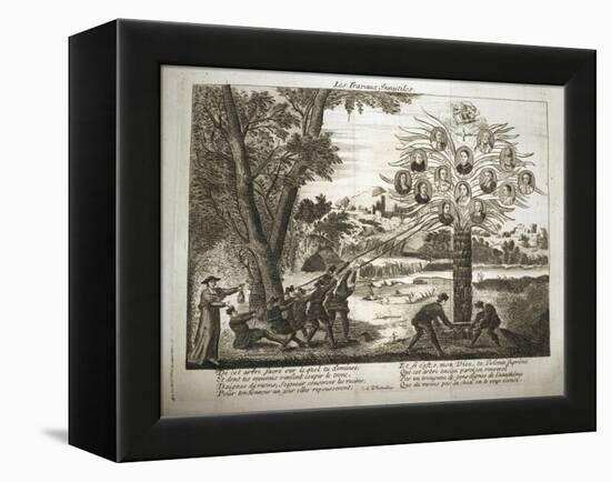 Cartoon depicting Jesuits trying to pull down the Tree of Jansenism,-French School-Framed Premier Image Canvas