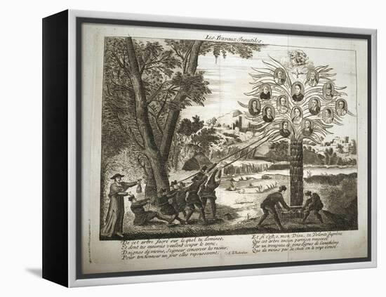 Cartoon depicting Jesuits trying to pull down the Tree of Jansenism,-French School-Framed Premier Image Canvas