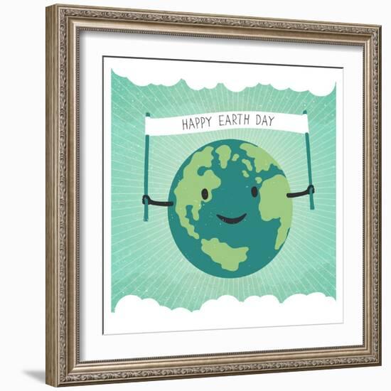 Cartoon Earth Illustration. Planet Smile and Hold Banner with Happy Earth Day Words. on Sunbeam Ray-pashabo-Framed Art Print