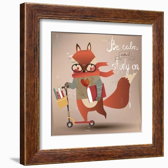 Cartoon Fox with Books-Elena Barenbaum-Framed Art Print