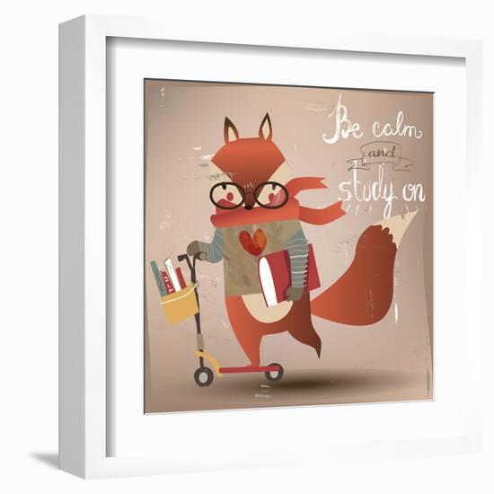 Cartoon Fox with Books-Elena Barenbaum-Framed Art Print