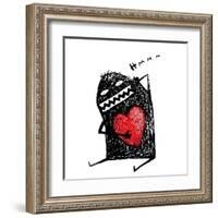 Cartoon Fun Amazing Character Scribble Love with Red Heart Inside. Cartoon Character with Red Heart-Popmarleo-Framed Art Print