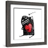 Cartoon Fun Amazing Character Scribble Love with Red Heart Inside. Cartoon Character with Red Heart-Popmarleo-Framed Art Print