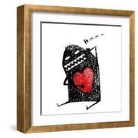 Cartoon Fun Amazing Character Scribble Love with Red Heart Inside. Cartoon Character with Red Heart-Popmarleo-Framed Art Print