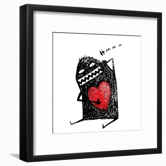 Cartoon Fun Amazing Character Scribble Love with Red Heart Inside. Cartoon Character with Red Heart-Popmarleo-Framed Art Print