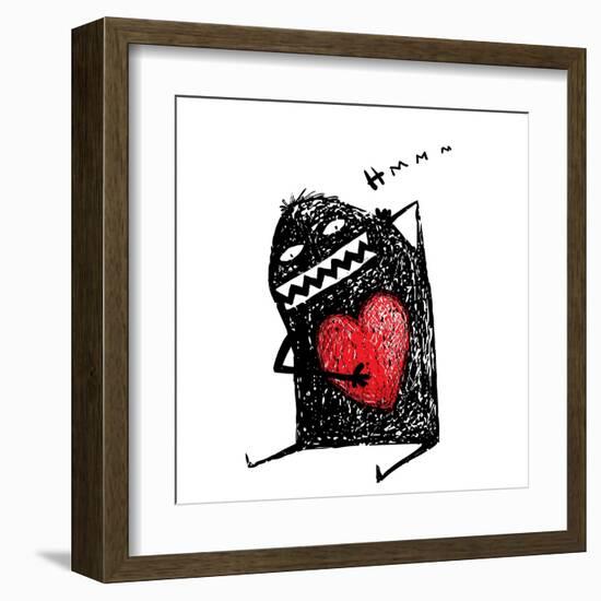 Cartoon Fun Amazing Character Scribble Love with Red Heart Inside. Cartoon Character with Red Heart-Popmarleo-Framed Art Print