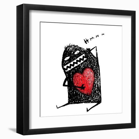 Cartoon Fun Amazing Character Scribble Love with Red Heart Inside. Cartoon Character with Red Heart-Popmarleo-Framed Art Print