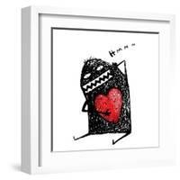 Cartoon Fun Amazing Character Scribble Love with Red Heart Inside. Cartoon Character with Red Heart-Popmarleo-Framed Art Print