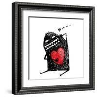 Cartoon Fun Amazing Character Scribble Love with Red Heart Inside. Cartoon Character with Red Heart-Popmarleo-Framed Art Print