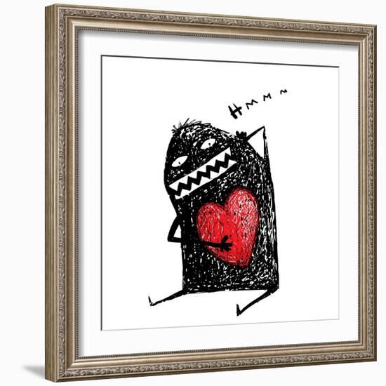 Cartoon Fun Amazing Character Scribble Love with Red Heart Inside. Cartoon Character with Red Heart-Popmarleo-Framed Art Print