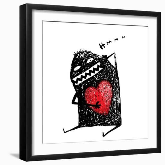 Cartoon Fun Amazing Character Scribble Love with Red Heart Inside. Cartoon Character with Red Heart-Popmarleo-Framed Art Print