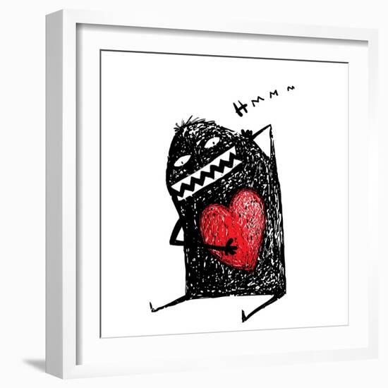 Cartoon Fun Amazing Character Scribble Love with Red Heart Inside. Cartoon Character with Red Heart-Popmarleo-Framed Art Print