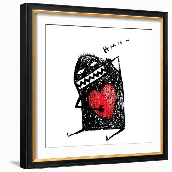 Cartoon Fun Amazing Character Scribble Love with Red Heart Inside. Cartoon Character with Red Heart-Popmarleo-Framed Art Print