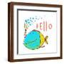 Cartoon Funny Fish Greeting Card Design Hand Drawn. Fun Cartoon Hand Drawn Colorful Fish with Bubbl-Popmarleo-Framed Art Print