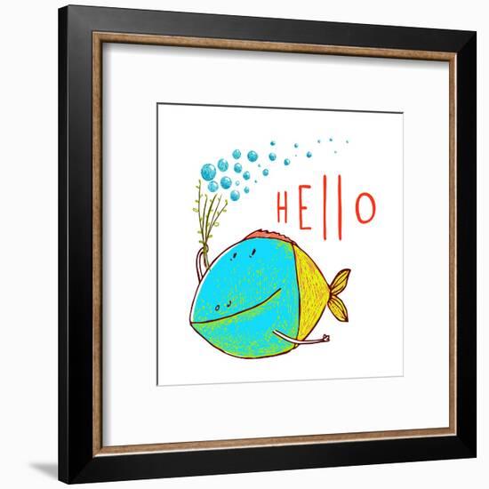 Cartoon Funny Fish Greeting Card Design Hand Drawn. Fun Cartoon Hand Drawn Colorful Fish with Bubbl-Popmarleo-Framed Art Print