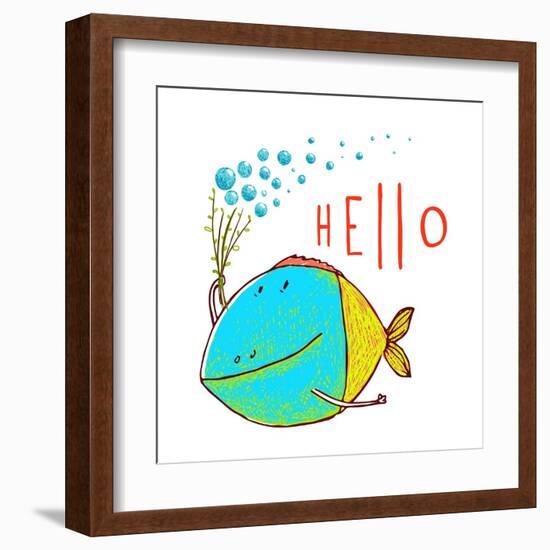 Cartoon Funny Fish Greeting Card Design Hand Drawn. Fun Cartoon Hand Drawn Colorful Fish with Bubbl-Popmarleo-Framed Art Print