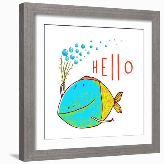 Cartoon Funny Fish Greeting Card Design Hand Drawn. Fun Cartoon Hand Drawn Colorful Fish with Bubbl-Popmarleo-Framed Art Print