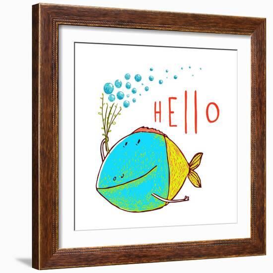 Cartoon Funny Fish Greeting Card Design Hand Drawn. Fun Cartoon Hand Drawn Colorful Fish with Bubbl-Popmarleo-Framed Art Print