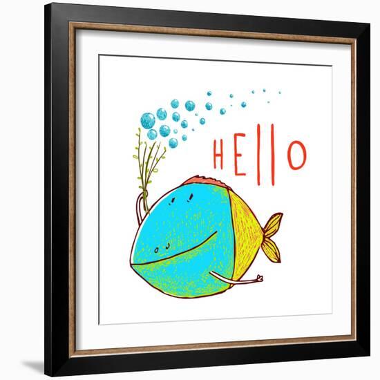 Cartoon Funny Fish Greeting Card Design Hand Drawn. Fun Cartoon Hand Drawn Colorful Fish with Bubbl-Popmarleo-Framed Art Print