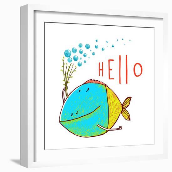 Cartoon Funny Fish Greeting Card Design Hand Drawn. Fun Cartoon Hand Drawn Colorful Fish with Bubbl-Popmarleo-Framed Art Print