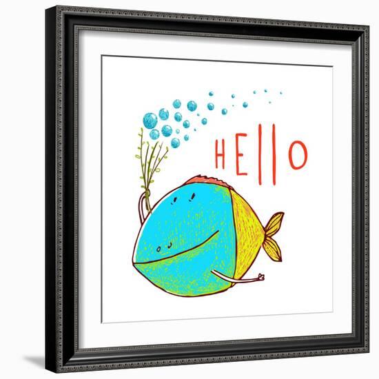 Cartoon Funny Fish Greeting Card Design Hand Drawn. Fun Cartoon Hand Drawn Colorful Fish with Bubbl-Popmarleo-Framed Art Print