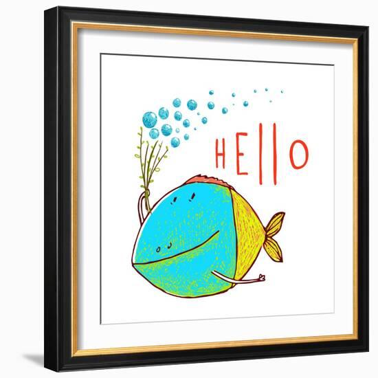 Cartoon Funny Fish Greeting Card Design Hand Drawn. Fun Cartoon Hand Drawn Colorful Fish with Bubbl-Popmarleo-Framed Art Print