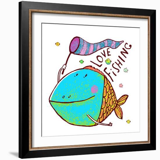 Cartoon Funny Fish Greeting Card Design Hand Drawn. Humorous Cartoon Hand Drawn Colorful Fish Holdi-Popmarleo-Framed Art Print