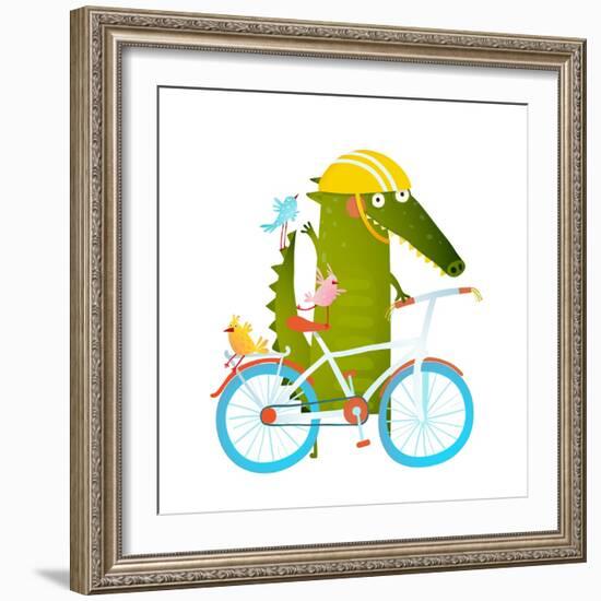 Cartoon Green Funny Crocodile in Helmet with Bicycle and Birds Friends. Funny Crocodile with Bicycl-Popmarleo-Framed Art Print