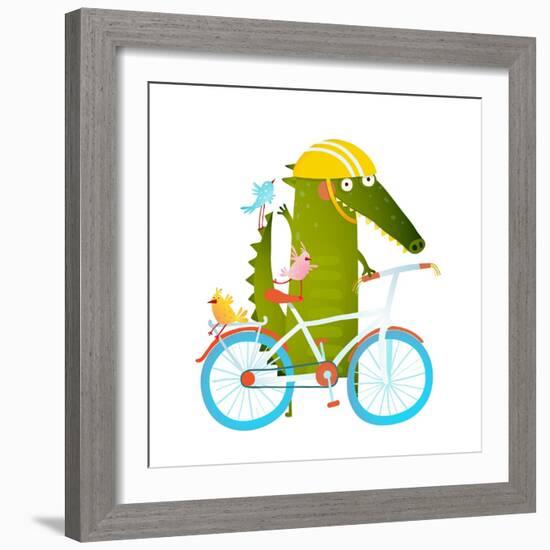 Cartoon Green Funny Crocodile in Helmet with Bicycle and Birds Friends. Funny Crocodile with Bicycl-Popmarleo-Framed Art Print